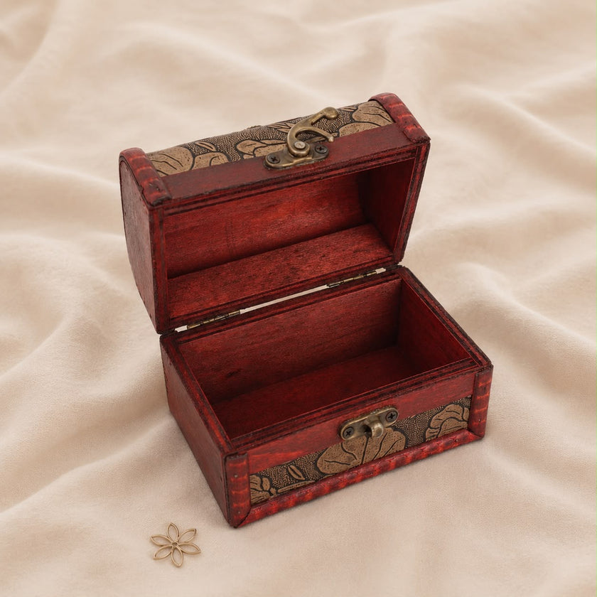 Antique Wooden Floral Trunk Jewelry Box