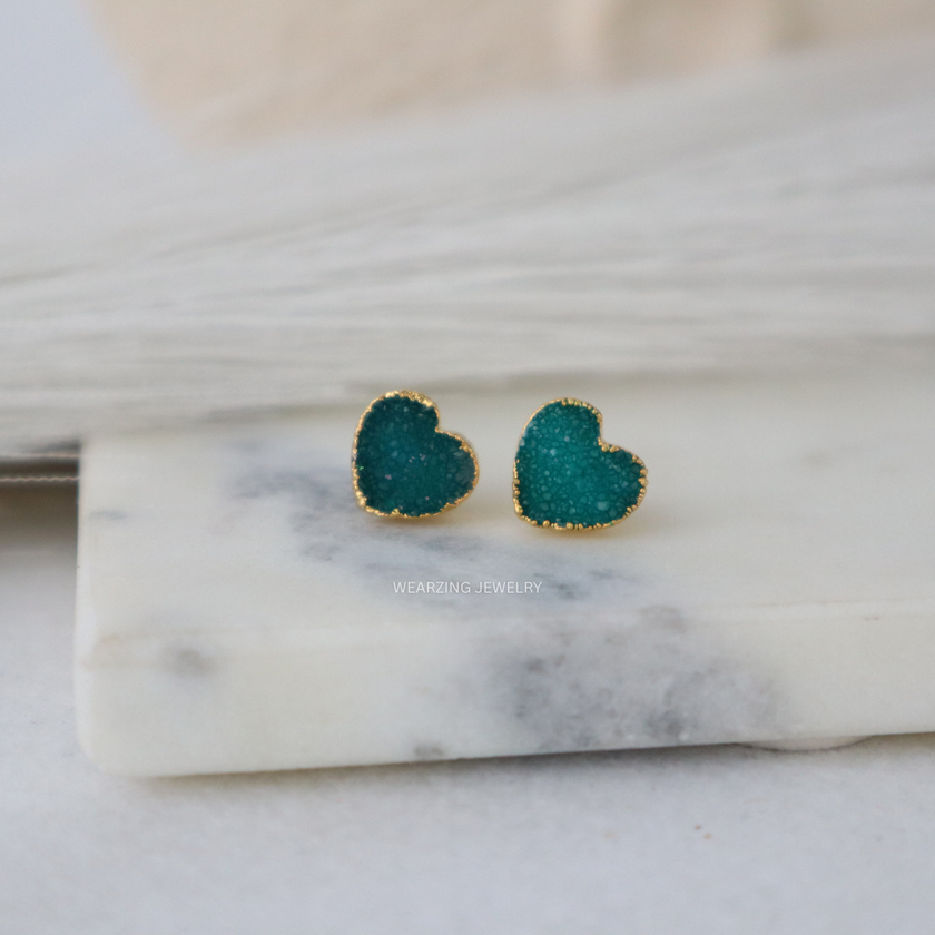 Green Heart Druzy Studs