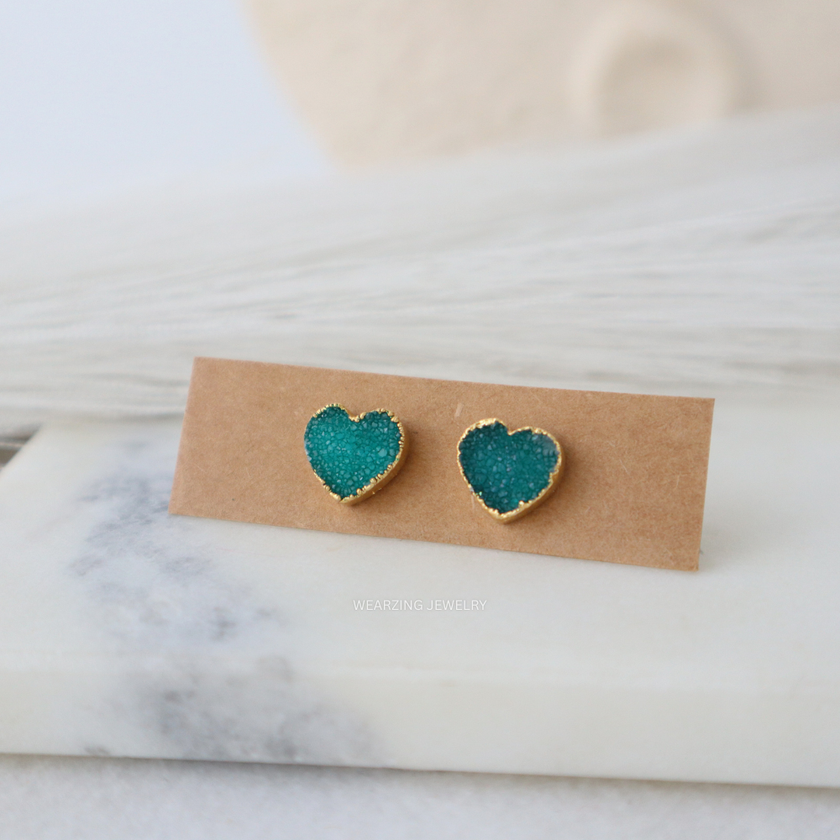 Green Heart Druzy Studs
