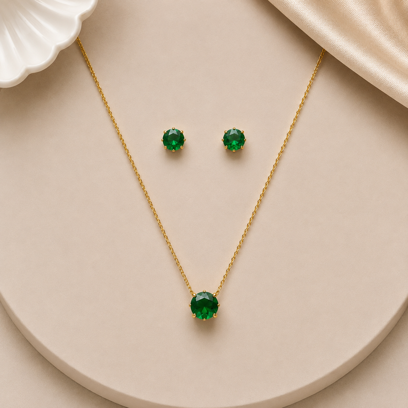 Emerald Solitaire Pendant & Studs Set WearZing - Crystal Jewelry Store in India