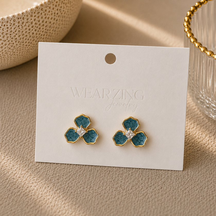 Teal Bloom Clover Studs WearZing - Crystal Jewelry Store in India