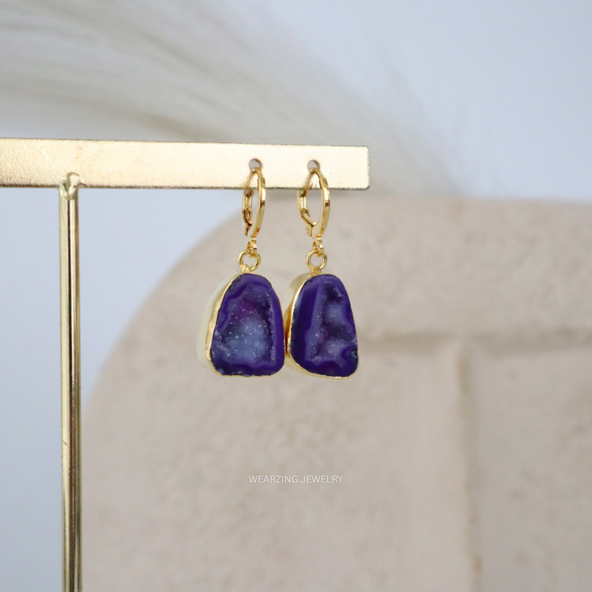 Purple Druzy Agate Huggies