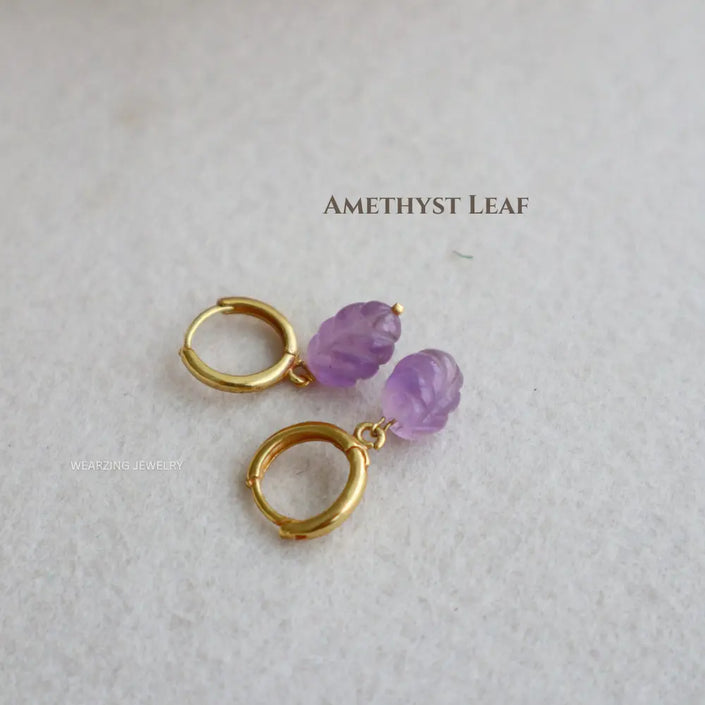 Mini Amethyst Leaf Huggies WearZing - Crystal Jewelry Store in India