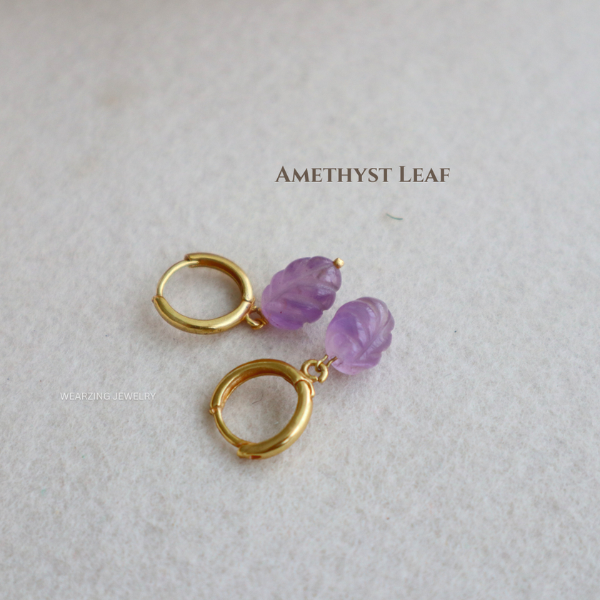 Mini Amethyst Leaf Huggies