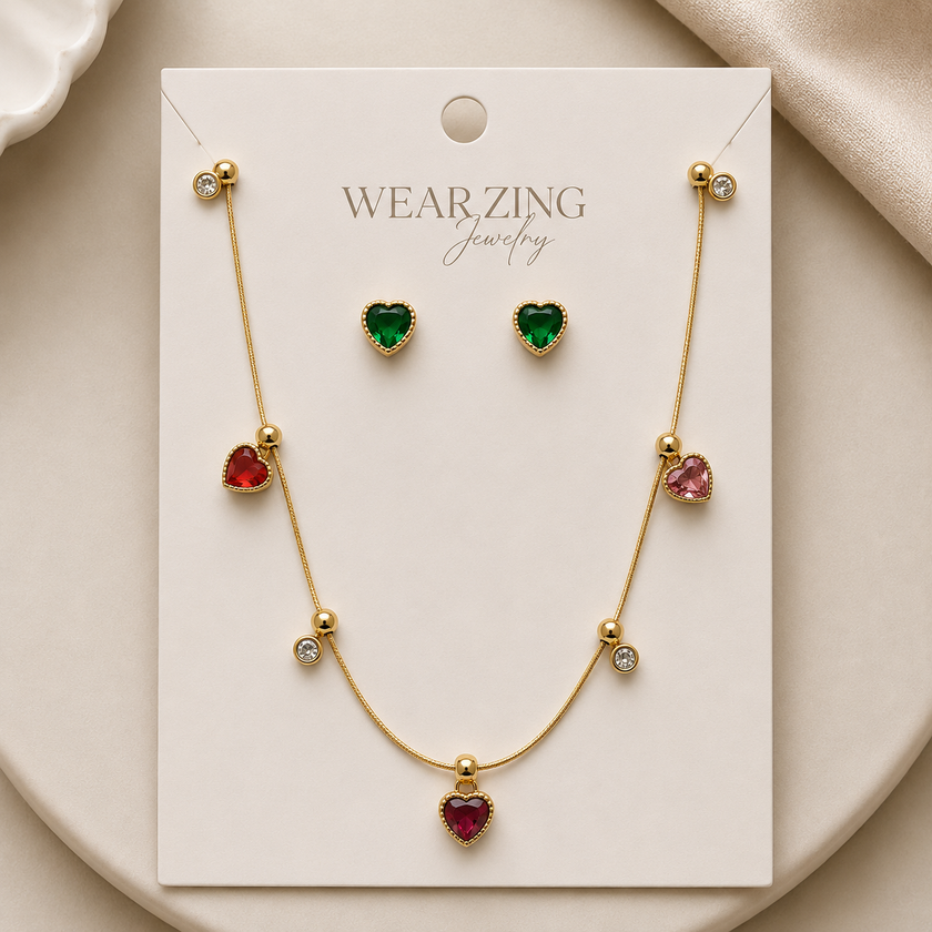 Multi-Heart Charm Necklace & Studs Set WearZing - Crystal Jewelry Store in India