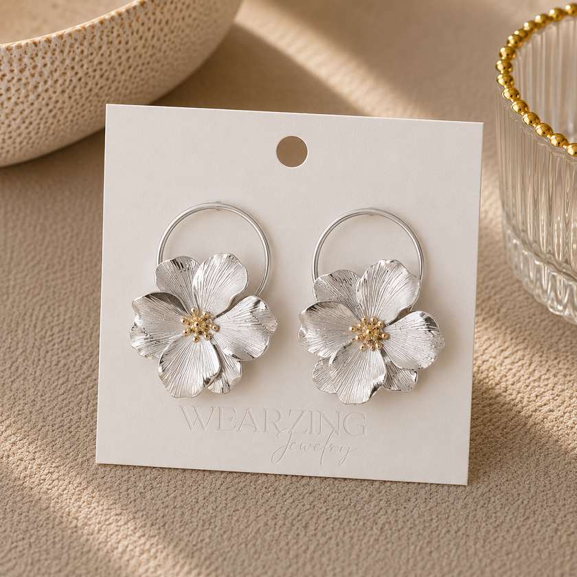 Silver Flower Drops WearZing - Crystal Jewelry Store in India