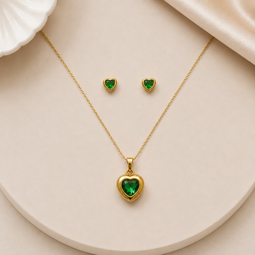 Royal Emerald Heart Pendant & Studs Set WearZing - Crystal Jewelry Store in India