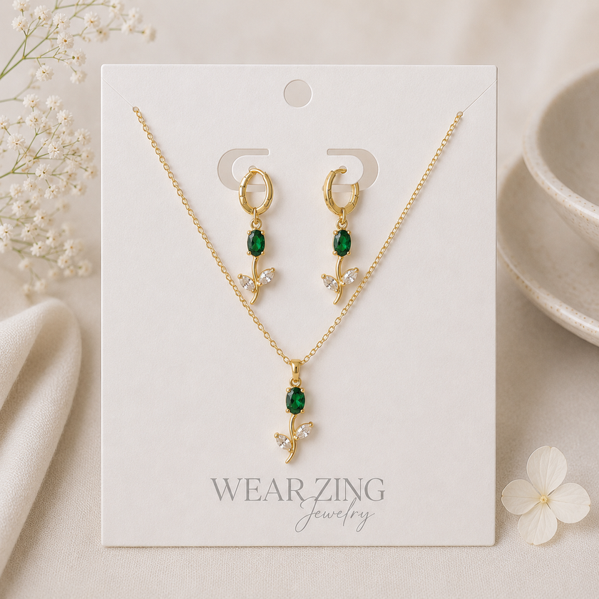 Emerald Floral Pendant & Huggies Set WearZing - Crystal Jewelry Store in India