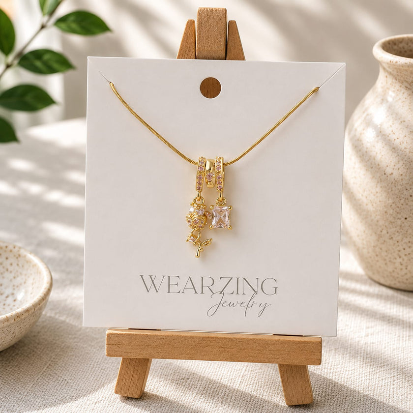 Blush Rose & Emerald-Cut Charm Necklace
