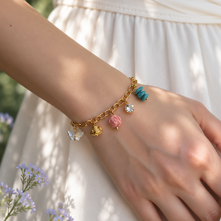 Butterfly & Rose Dangle Link Bracelet WearZing - Crystal Jewelry Store in India