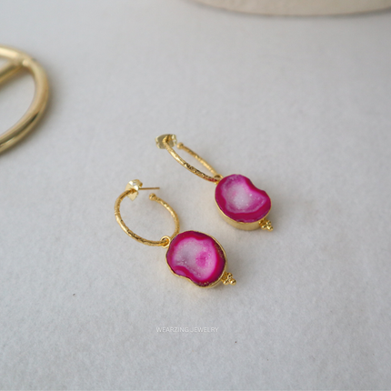 Pink Druzy Agate Hoops