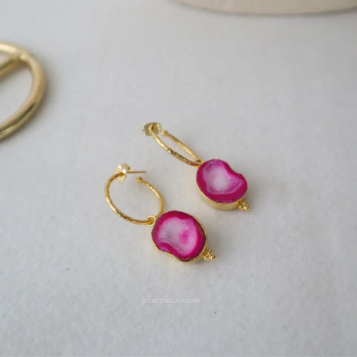 Pink Druzy Agate Hoops WearZing - Crystal Jewelry Store in India