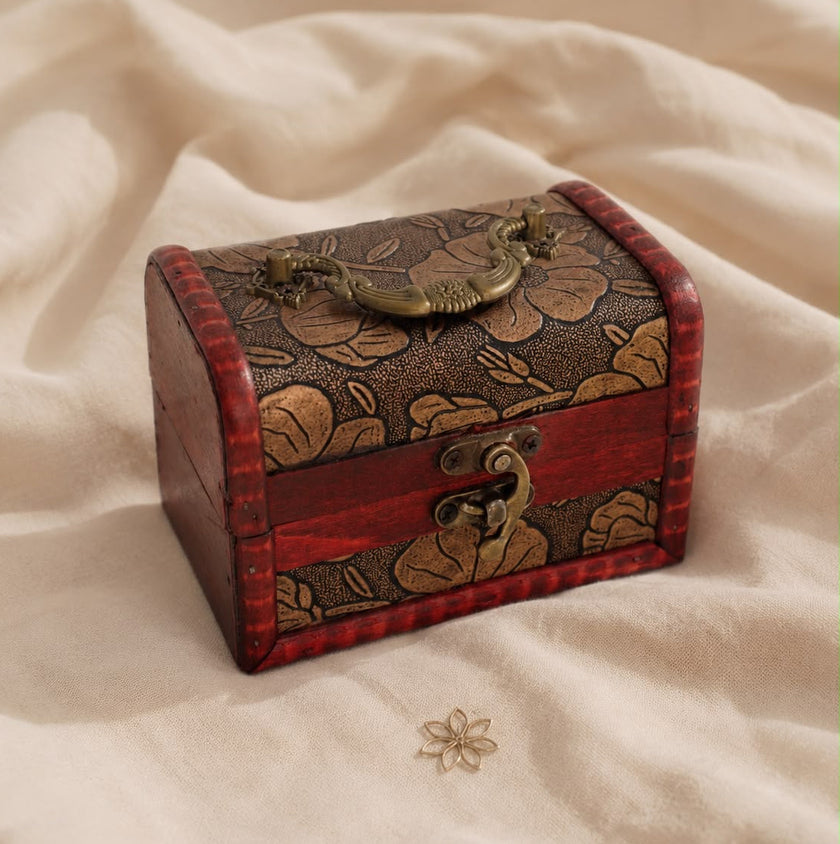 Antique Wooden Floral Trunk Jewelry Box