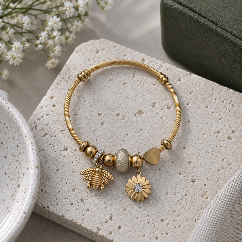 Golden Honeybee Charm Bangle WearZing - Crystal Jewelry Store in India