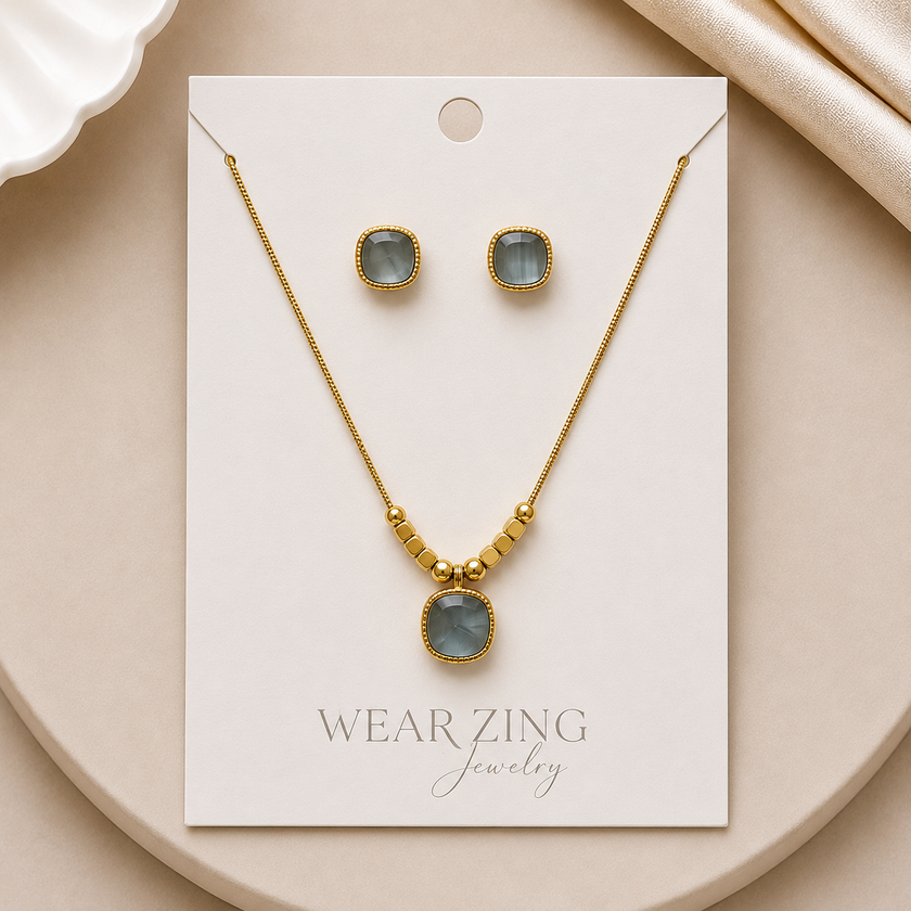 Smoky Cushion Necklace & Studs Set WearZing - Crystal Jewelry Store in India