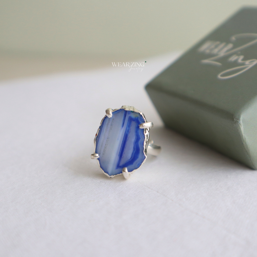 Blue Stripe Silver Agate Ring
