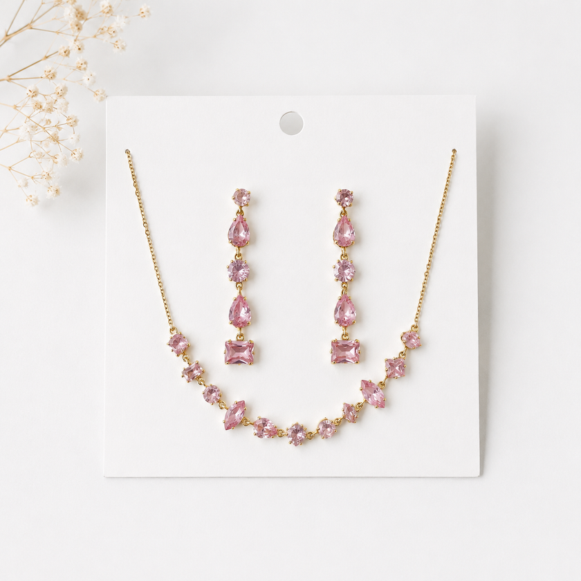 Pink Multi-Cut Collar Earrings Set WearZing - Crystal Jewelry Store in India