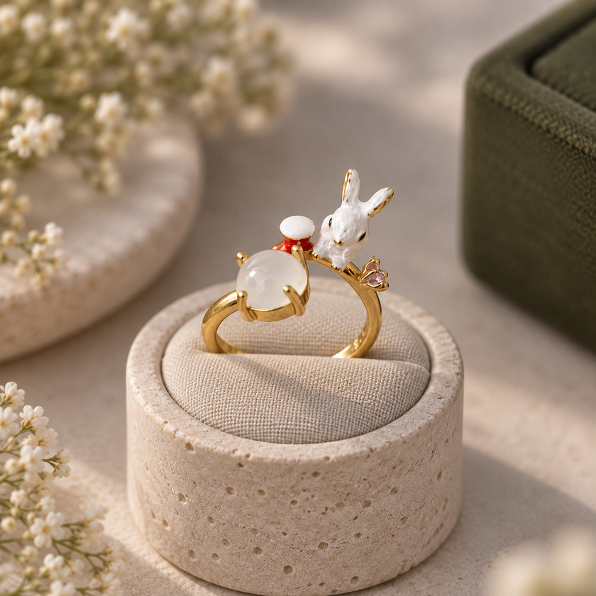 White Bunny & Moon Ring WearZing - Crystal Jewelry Store in India