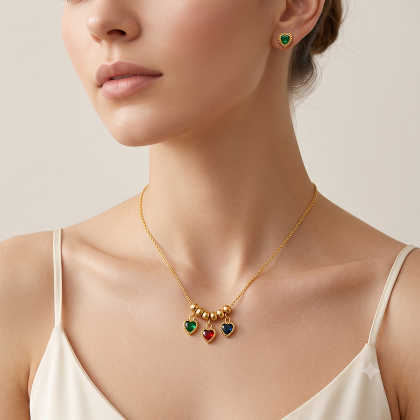 Trio Gem Heart Charm & Studs Set WearZing - Crystal Jewelry Store in India