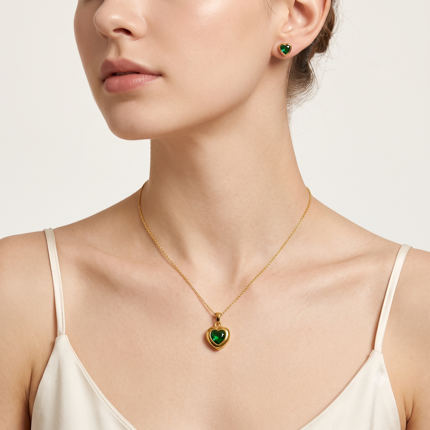 Royal Emerald Heart Pendant & Studs Set WearZing - Crystal Jewelry Store in India