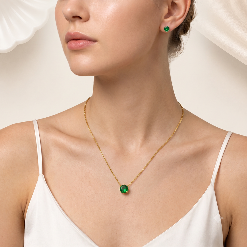 Emerald Solitaire Pendant & Studs Set WearZing - Crystal Jewelry Store in India