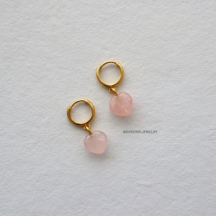 Rose Quartz Heart Huggies WearZing - Crystal Jewelry Store in India