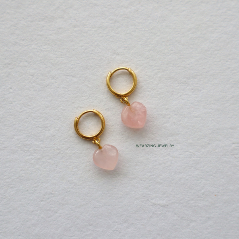 Rose Quartz Heart Huggies WearZing - Crystal Jewelry Store in India