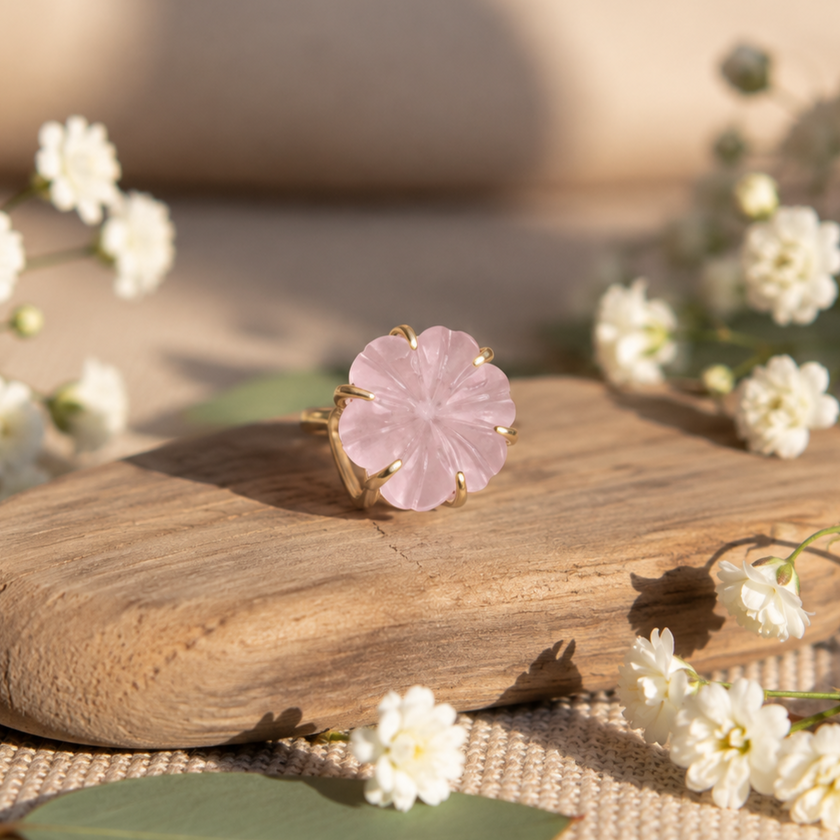 Kunzite Flower Craved Ring WearZing - Crystal Jewelry Store in India