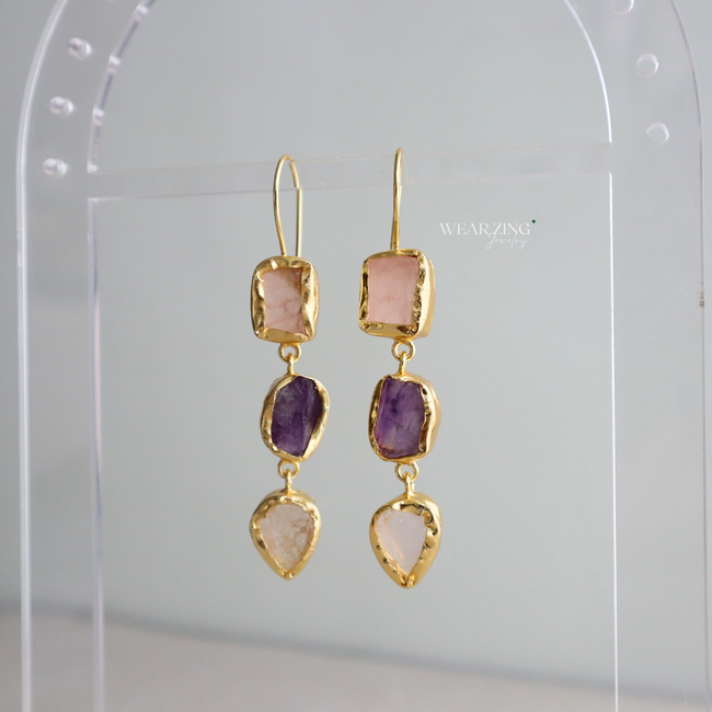 Trio Cascade Drops - Rose Quartz, Amethyst, Clear Quartz