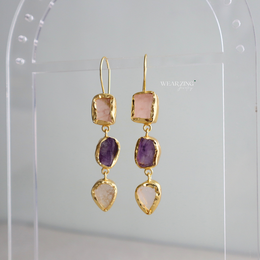 Trio Cascade Drops - Rose Quartz, Amethyst, Clear Quartz
