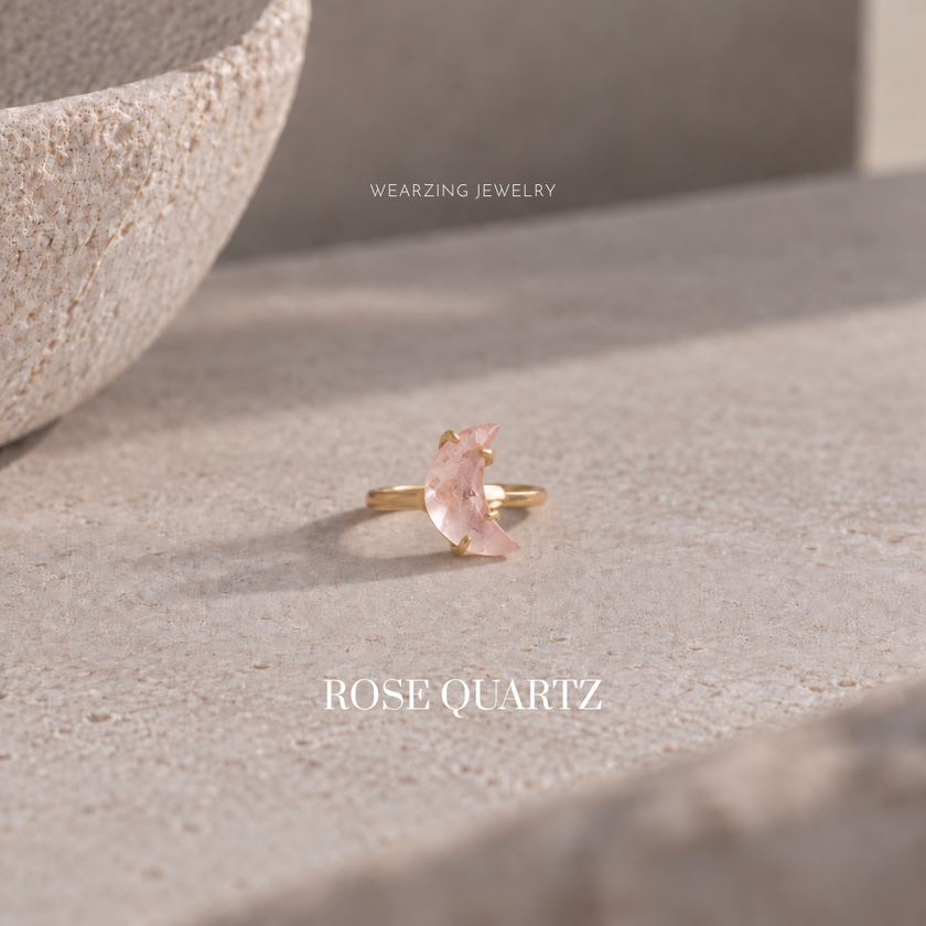 Rose Quartz moon ring WearZing - Crystal Jewelry Store in India