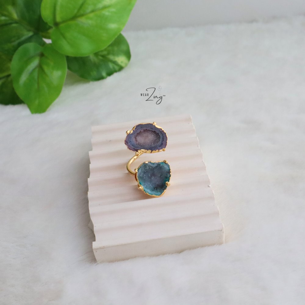 Double Druzy Agate Ring WearZing Blue-Green 