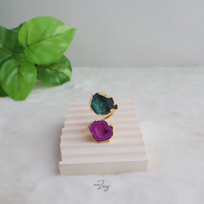 Double Druzy Agate Ring WearZing Green-Pink 2 