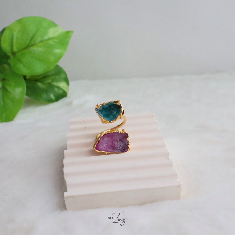 Double Druzy Agate Ring WearZing Green-Pink 3 