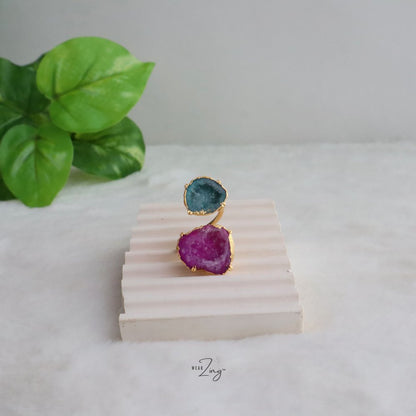 Double Druzy Agate Ring WearZing Green-Pink 