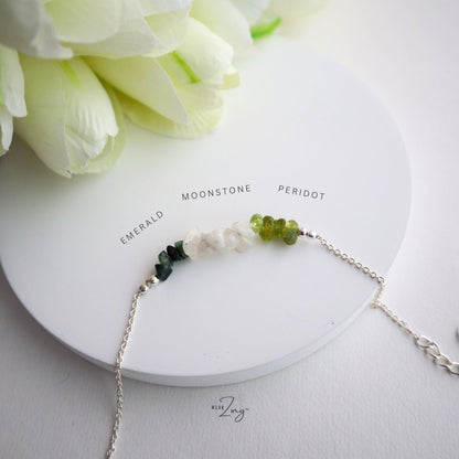 Raw Multi Stone Chain Bracelet WearZing Emerald-Moonstone-Peridot Silver 