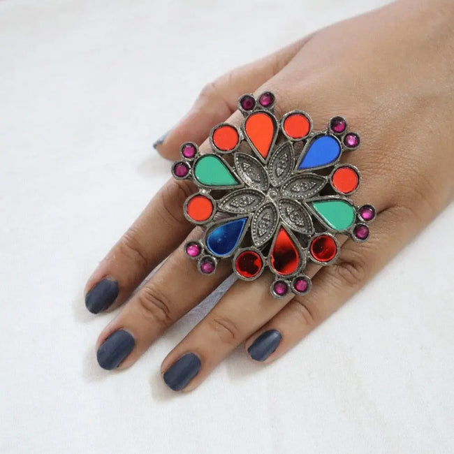 Oxidized Drop Flower Ring 2 WearZing - Crystal Jewelry Store in India