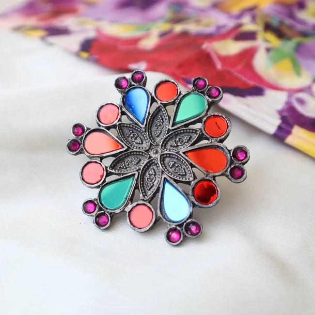 Oxidized Drop Flower Ring 2 WearZing - Crystal Jewelry Store in India