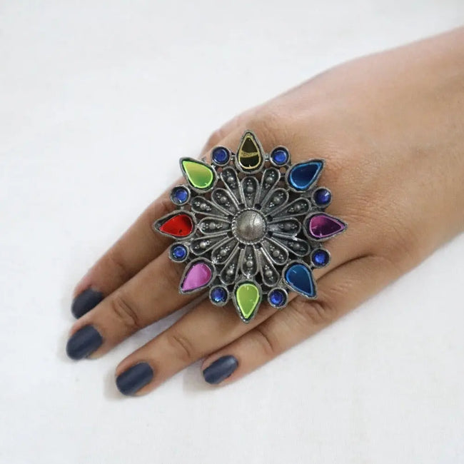 Oxidized Multi Flower Ring 3 WearZing - Crystal Jewelry Store in India