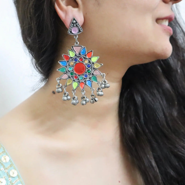Oxidized Multicolor Flower Earrings 4 WearZing - Crystal Jewelry Store in India