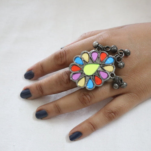 Oxidized Multicolor Ghungru Ring WearZing 