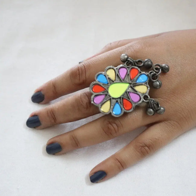 Oxidized Multicolor Ghungru Ring 1 WearZing - Crystal Jewelry Store in India