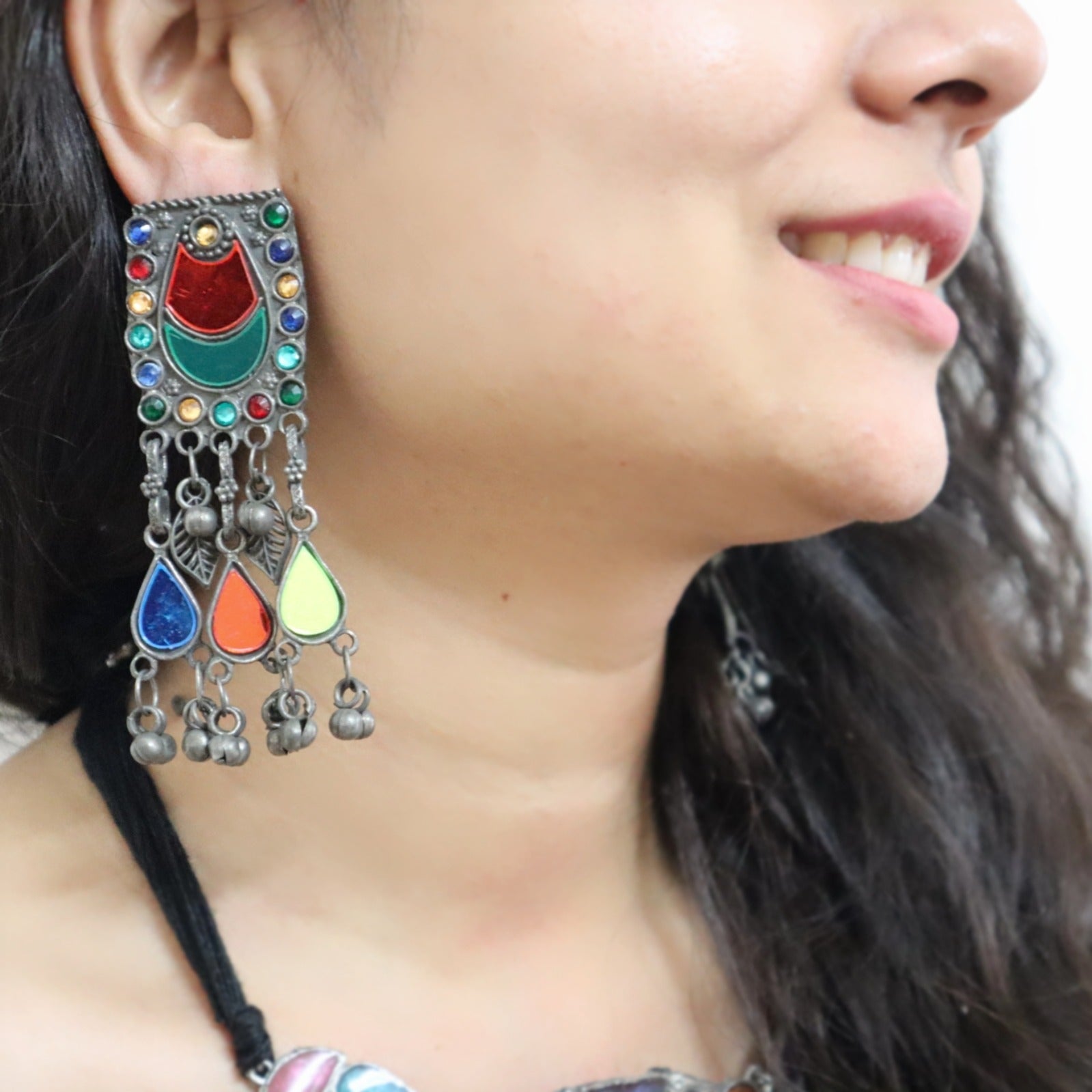 Oxidized Multicolor Rect Earrings WearZing 